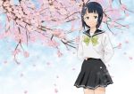  1girl black_hair blue_eyes cherry_blossoms mole petals sachi_(sao) school_uniform short_hair smile solo sword_art_online wanco 