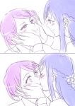 2girls 2koma blue_hair blush comic couple dokidoki!_precure eye_contact face_grab hands_on_another&#039;s_cheeks hands_on_another&#039;s_face hishikawa_rikka kenzaki_makoto kiss long_hair looking_at_another multiple_girls negom precure purple_hair short_hair silent_comic simple_background sketch smile surprise_kiss surprised white_background yuri