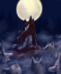  1girl animal_ears brown_hair closed_eyes dress fang fog forest full_moon highres imaizumi_kagerou long_hair long_sleeves lovewolf5122 moon nature red_eyes sitting tail touhou very_long_hair wolf wolf_ears wolf_tail 