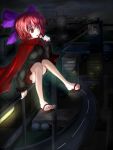  1girl bare_legs bow building cape city cityscape dango eating food hair_bow highway lights long_sleeves night night_sky open_mouth realdragon red_eyes redhead road sandals sekibanki short_hair sitting skirt sky solo touhou wagashi 