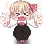  &gt;:d &gt;_&lt; 1girl :d blonde_hair carry_me closed_eyes dress fang hair_ribbon open_mouth outstretched_arms razy_(skuroko) ribbon rumia short_hair smile solo touhou 