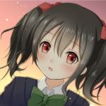  1girl black_hair bow gradient gradient_background hair_bow kotomiracle looking_at_viewer love_live!_school_idol_project open_mouth red_eyes school_uniform short_hair solo twintails yazawa_nico 