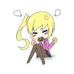  1girl blonde_hair blush_stickers closed_eyes doughnut kouji_(campus_life) long_hair lowres monogatari_(series) oshino_shinobu pantyhose side_ponytail solo 