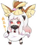  1girl ahoge aroozu chibi dress highres horns kantai_collection long_hair looking_at_viewer mittens northern_ocean_hime pidgey pokemon red_eyes shinkaisei-kan translation_request white_dress white_hair white_skin 