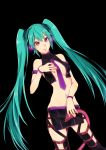  1girl aqua_hair black_background bracelet center_opening hand_on_own_chest hatsune_miku headphones jewelry long_hair nail_polish navel necktie pink_eyes skirt smile solo sweet_devil_(vocaloid) tail thigh_strap thighhighs twintails u_rei_3 very_long_hair vocaloid 