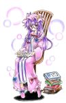  1girl book bow bubble_background crescent dress eyelashes glasses goku_(acoloredpencil) hair_bow hat highres long_hair looking_at_viewer patchouli_knowledge purple_dress purple_hair red-framed_glasses semi-rimless_glasses shadow shoes sitting solo striped striped_dress touhou under-rim_glasses violet_eyes white_background 