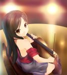  1girl bare_shoulders brown_eyes brown_hair cello highres instrument kittolau long_hair looking_back sitting skirt solo 