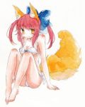  1girl animal_ears bikini blush bow breasts caster_(fate/extra) cleavage fate/extra fate/extra_ccc fate_(series) feet fina_(sa47rin5) fox_ears fox_tail hair_bow hair_ribbon pink_hair ribbon side-tie_bikini sitting solo swimsuit tail twintails white_bikini white_swimsuit yellow_eyes 