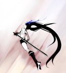  1girl absurdly_long_hair back bikini_top black_gloves black_hair black_rock_shooter black_rock_shooter_(character) blue_fire boots eu03 fire gloves glowing glowing_eye knee_boots long_hair pale_skin shorts solo sword twintails uneven_twintails very_long_hair weapon 