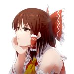  1girl arm_support ascot bow brown_eyes brown_hair bust detached_sleeves dress hair_bow hair_tubes hakurei_reimu looking_away pennel red_dress simple_background solo touhou white_background 
