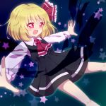  1girl ascot blonde_hair bow fang hair_ribbon highres long_sleeves matsuri_(powq) open_mouth outstretched_arms red_eyes ribbon rumia shirt short_hair skirt smile solo touhou vest 
