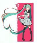  1girl 2013 boots dated green_eyes green_hair hatsune_miku long_hair necktie pigeon-toed skirt_hold solo thigh_boots thighhighs twintails very_long_hair vocaloid yuemoe 