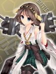  1girl bare_shoulders black_legwear blue_eyes brown_hair detached_sleeves grin hairband headgear hiei_(kantai_collection) highres japanese_clothes kantai_collection mokufuu pantyhose short_hair skirt smile solo turret 