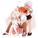  1boy 2girls blush closed_eyes dark_skin emiya_shirou fate/kaleid_liner_prisma_illya fate_(series) hair_bobbles hair_brush hair_brushing hair_ornament happy himo_com illyasviel_von_einzbern kuro_(fate/kaleid_liner) miniskirt multiple_girls pink_hair red_eyes redhead school_uniform serafuku silver_hair skirt slippers striped striped_legwear thigh-highs 