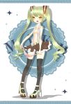  1girl belt bra bra_removed character_name green_hair hatsune_miku high_heels holding holding_bra long_hair open_clothes open_mouth open_shirt shoes skirt solo thighhighs tongue twintails underwear very_long_hair vocaloid yellow_eyes yunnyunn 