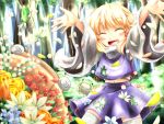  1girl blonde_hair blurry blush_stickers closed_eyes daisy depth_of_field facing_viewer flower forest frog grass hair_ribbon hat hat_removed headwear_removed highres leaf midriff moriya_suwako nature navel open_mouth outstretched_arms payot petals ribbon rose short_hair skirt skirt_set solo tamasan thigh-highs touhou yellow_rose zettai_ryouiki 