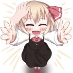  1girl :d blonde_hair carry_me closed_eyes dress fang hair_ribbon open_mouth outstretched_arms petting razy_(skuroko) ribbon rumia short_hair smile solo touhou 