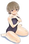  1girl barefoot blush brown_hair hand_on_own_chest mattaku_mousuke one-piece_swimsuit open_mouth original school_swimsuit short_hair simple_background sitting solo swimsuit tears wariza wavy_mouth white_background 