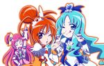  &gt;_&lt; 3girls ;q blue_eyes blue_hair cure_dream cure_marine cure_sunny heartcatch_precure! highres hino_akane kurumi_erika long_hair magical_girl monyotarosu multiple_girls orange_hair pink_hair precure red_eyes smile_precure! tiara tongue wink yes!_precure_5 yumehara_nozomi 