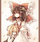  2girls apple_da-ze ascot black_dress blonde_hair bow brown_eyes brown_hair closed_eyes detached_sleeves dress drooling flower hair_bow hair_flower hair_ornament hair_ribbon hair_tubes hakurei_reimu long_sleeves looking_at_viewer multiple_girls open_mouth red_dress ribbon rumia sleeping touhou wide_sleeves wreath 