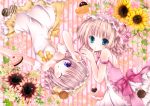  2girls blue_eyes blush brown_hair dress flower headdress heart mubi_alice multiple_girls short_hair sunflower sweets violet_eyes wink 