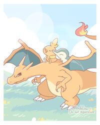  asakoline beak charizard claws closed_eyes closed_mouth cyndaquil dragon fire grass horns looking_back pokemon pokemon_(creature) smile torchic wings 
