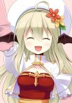  1girl ^_^ ahoge archbishop arm_up blonde_hair blush cleavage_cutout closed_eyes collarbone doridori flower hat hat_flower head_wings open_mouth ragnarok_online solo waving 