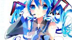  1girl blue_eyes blue_hair character_name detached_sleeves hand_on_headphones hatsune_miku headphones headset highres long_hair necktie remimim solo twintails vocaloid white_background 