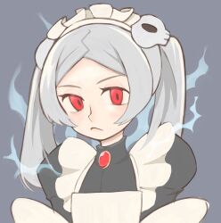  1girl apron arms_behind_back aura bloody_marie_(skullgirls) choko_(1839) closed_mouth commentary_request frilled_hairband frills frown grey_background grey_hair hair_ornament hairband highres juliet_sleeves long_sleeves looking_at_viewer puffy_sleeves red_eyes simple_background skull_hair_ornament skullgirls solo twintails upper_body white_apron white_hairband 