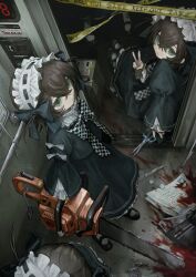  4girls black_dress black_footwear blood bow box brown_hair cardboard_box caution_tape chain chainsaw checkered_bow checkered_clothes coin collar crime_scene dress elevator elevator_door expressionless frilled_collar frills goth_fashion green_eyes hair_between_eyes hair_bow handlebar headdress highres holding holding_chainsaw indoors knife komenomoku lolita_fashion long_hair long_sleeves looking_at_viewer maid_headdress money multiple_girls original scalpel scissors short_hair short_twintails sitting sleeve_bow standing string tag twintails v very_long_hair wallet washer white_footwear white_headdress 