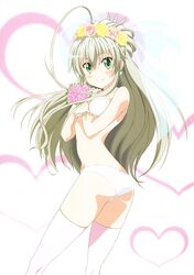  1girl absurdres ahoge blush bra earrings flower grey_hair green_eyes haiyore!_nyaruko-san heart highres huge_ahoge long_hair nyarlathotep_(nyaruko-san) official_art panties scan smile solo thighhighs underwear veil 