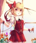  1girl ascot blonde_hair blush breasts crystal fangs flandre_scarlet hat hat_ribbon highres lips niwatori_(kipje) open_mouth puffy_short_sleeves puffy_sleeves red_eyes ribbon short_hair short_sleeves side_ponytail smile solo touhou vest window wings 