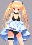  1girl azure_(capriccio) blonde_hair blush bra breasts choker cleavage dress dress_lift dress_pull elbow_gloves gloves long_hair looking_at_viewer maid_headdress original panties red_eyes solo twintails underwear 