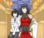  2girls 42gami abs black_hair blush closed_eyes detached_sleeves grin hakama hand_on_hip hand_on_shoulder hands_clasped japanese_clothes leotard long_hair m.u.g.e.n multiple_girls muscle nontraditional_miko original scar sendai_hakurei_no_miko shameimaru_aya smile taut_clothes touhou v_arms wide_sleeves 
