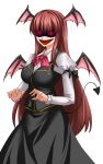 1girl bat_wings breasts brown_hair fangs glowing glowing_eyes head_wings highres koakuma large_breasts long_hair long_skirt open_mouth rape_face red_eyes shaded_face skirt solo tail touhou very_long_hair wings yagami_(mukage)