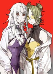  2girls breasts corset cowboy_shot ear_piercing glasses green_hair highres jacket long_hair multiple_girls original piercing purple_corset red_background red_eyes sketch standing white_hair white_jacket wuwuren 