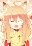  1girl ^_^ ahoge animal_ears arms_up closed_eyes doridori fang fox fox_ears open_mouth orange_hair paw_print professor_(ragnarok_online) ragnarok_online scarf sleeveless solo 