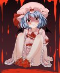  1girl ascot barefoot bat_wings blood blood_on_face blood_splatter bloody_feet blue_hair crazy_smile dress hat hat_ribbon highres looking_at_viewer noa_(nagareboshi) pink_dress pink_hair puffy_sleeves remilia_scarlet ribbon shaded_face short_sleeves sitting solo touhou wings 