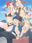  2boys 2girls armlet bikini_top blue_hair boota bracelet breasts cleavage closed_eyes flower goggles goggles_on_head grin hair_flower hair_ornament jewelry kamina lagann mecha multicolored_hair multiple_boys multiple_girls navel nia_teppelin open_mouth ponytail redhead ru&amp;pauda_(artist) scarf shirtless short_shorts shorts simon skull_hair_ornament smile tattoo tegaki tengen_toppa_gurren_lagann thigh-highs two-tone_hair yoko_littner 