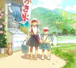  1boy 1girl bag black_hair blouse blush bucket cat flower forest frown hat height_difference holding_hands lake landscape long_hair looking_at_viewer messenger_bag mountain nature net original outdoors pigtail pleated_skirt pon_(cielo) scenery shirt shoes shop short_hair shoulder_bag skirt slippers smile tagme tree white_shirt 