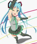  1girl aqua_hair arm_up armpits boots detached_sleeves green_eyes hatsune_miku kaiman long_hair necktie open_mouth skirt solo thigh_boots thighhighs twintails very_long_hair vocaloid wink 