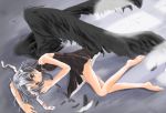  artist_request ass backless barefoot black_wings blood broken_chain brown_eyes chain dress feathers grey_hair leash short_hair wings 