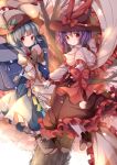  2girls back backpack bag blue_hair blush capelet cherry_blossoms floating food frills fruit gloves hat hat_ribbon highres hinanawi_tenshi long_hair long_sleeves multiple_girls nagae_iku pantyhose peach petals purple_hair red_eyes ribbon shawl shirt short_hair short_sleeves skirt smile touhou tree white_legwear xiaohuasan 