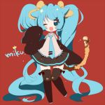  1girl :3 animal_ears aqua_eyes aqua_hair cat_ears cat_tail character_name detached_sleeves fang fujishiro_kokoa hatsune_miku long_hair lowres necktie open_mouth red_background skirt sleeves_past_wrists solo tail thighhighs twintails very_long_hair vocaloid wink 