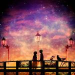  1boy 1girl amasawa_seiji bicycle bridge cat dark galaxy harada_miyuki holding_hands lamp mimi_wo_sumaseba night night_sky scenery silhouette sky stained_glass star_(sky) starry_sky studio_ghibli tsukishima_shizuku 
