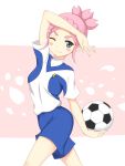  1girl arm_up ball blue_eyes blush blush_stickers breasts chikage36 inazuma_eleven_(series) inazuma_eleven_go inazuma_eleven_go_galaxy lightning_bolt nozaki_sakura pink_hair shinsei_inazuma_japan smile soccer_ball soccer_uniform solo telstar white_background wink 