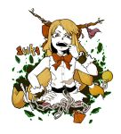  1girl a2_(a2-king-show) bow bowtie chain character_name fangs hair_bow hand_on_hip horns ibuki_suika long_hair low_ponytail open_mouth pointy_ears shackle sleeveless solo teeth torn_clothes touhou 