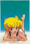  80s absurdres akaishizawa_takashi beach blonde_hair green_eyes highres kotobuki_shiiko lying oldschool on_stomach one-piece_swimsuit project_a-ko short_hair swimsuit 