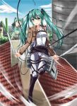  absurdres belt boots detached_sleeves giantess green_eyes green_hair hatsune_miku highres jacket knee_boots long_hair open_mouth parody rooftop shingeki_no_kyojin spring_onion tailam thigh_strap three-dimensional_maneuver_gear twintails vocaloid 