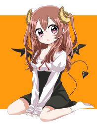  1girl biwako_(biwa27) black_skirt commentary delicious_party_precure demon_horns demon_tail demon_wings full_body high-waist_skirt highres horns juliet_sleeves long_sleeves looking_at_viewer miniskirt nagomi_yui open_mouth orange_background precure puffy_sleeves shirt sitting skirt socks solo tail two_side_up v_arms violet_eyes wariza white_shirt white_socks wings 